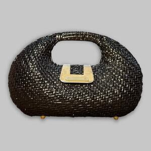 Vintage Elegance Black Woven Handbag with Gold-Tone Hardware